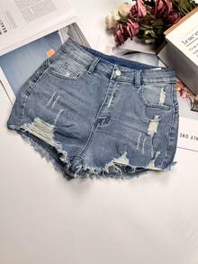 Street Style Washed Denim Ripped Shorts - Blue - View 6