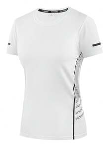 1 szt. Damska szybkoschnąca koszulka T-shirt, lodowy jedwab, okrągły dekolt, krótki rękaw, elastyczny, pochłaniający pot, odpowiedni do treningu fitness dla kobiet, biały, letni - Biały - Zobacz 2