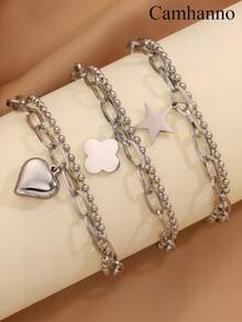 Camhanno 1 件前卫银色不锈钢手链，具有独特的心形设计和优雅的特点，适合派对礼物和休闲穿着，风格可爱，风格简约，可作为备用配件
