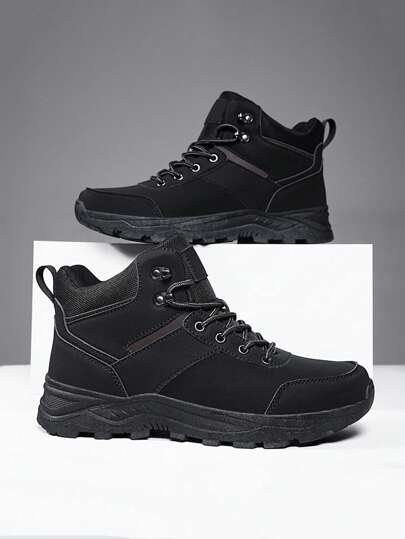 Botas de senderismo para hombres, zapatos deportivos de exterior cálidos de caña alta para otoño/invierno, botas de nieve resistentes al agua de PU, botas de trekking, botas de campamento y exploración al aire libre, antideslizantes y duraderas, botas de hombre con cordones de color negro/amarillo de talla grande, talla 39-48