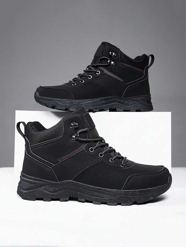 Men's Hiking Boots, Outdoor Sports Warm High-Top Shoes For Autumn/Winter, PU Leather Water-Resistant Snow Boots, Trekking Boots, Outdoor Camping Exploration Hiking Boots, Anti-Slip Durable, Black/Yellow Big Size Lace-Up Men Boots, Size 39-48