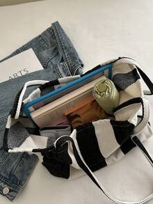 Casual Striped Large Capacity Simple Shopping Tote Bag For Shopping, Vacation, School - Black - View 7