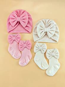2件套新生儿弹力提花发带帽+袜子套装，0-6个月婴儿蝴蝶结襁褓帽可爱柔软婴儿帽头饰套装 - 彩色 - 查看 10