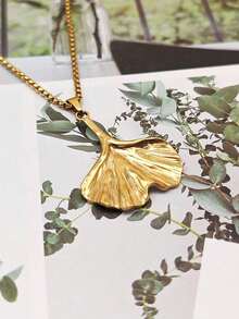 1 件波西米亚风格不锈钢轻质奢华小众金色银杏叶吊坠项链 - 金黃色 - 查看 7