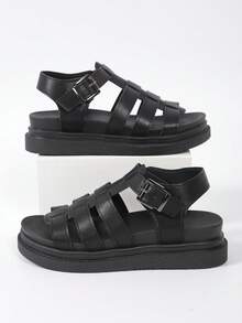 Women's Solid Color Platform Thick Bottom Sandals, Casual Buckle Summer Sandals, Comfortable Open Toe Sandals, Women's Flat Roman Sandals, Solid Color Open Toe Criss-Cross Strap Sandals, Women's Flat Sandals, New Thick Bottom Black Roman Style Sandals, Platform Versatile Fashion Sandals For Summer Casual Beach - Black - View 7