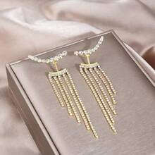 2pcs Fully Rhinestone Tassel Earrings, Sparkling Suitable For Women Holiday, Party, Date, Gift, Daily Versatile - Silver - View 6