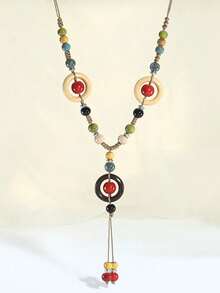 1pc New Exaggerated Bohemian Long Colorful Beaded Metal Asymmetrical Geometric Pendant Necklace Jewelry (The Product Material Is Ceramic, Which Will Be Heavier Than Regular Resin/Plastic)