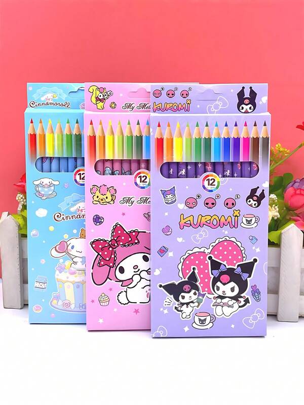 Sanrio Sanrio Kuromi Melody 12 Colored Pencil Box, Student Drawing Pencil, Coloring Graffiti Pen, Perfect For Office, Writing, And Painting, Perfect As A Back To School Gift