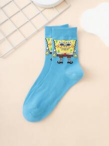 SPONGEBOB 1 Pair Unisex Cartoon Spongebob Pattern Colorful Jacquard Mid-Calf Socks, Sports Style, Suitable For All Seasons, European & American Size, Comfortable Breathable Durable, Ideal For Everyday Wear, Premium Fabric, Non-Sweaty