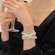 1pc Bohemian Style Faux Pearl Beaded Bracelet, Elegant Multi-Layer Combination Bracelet For Women (Pearl Surface Has Slight Imperfections)