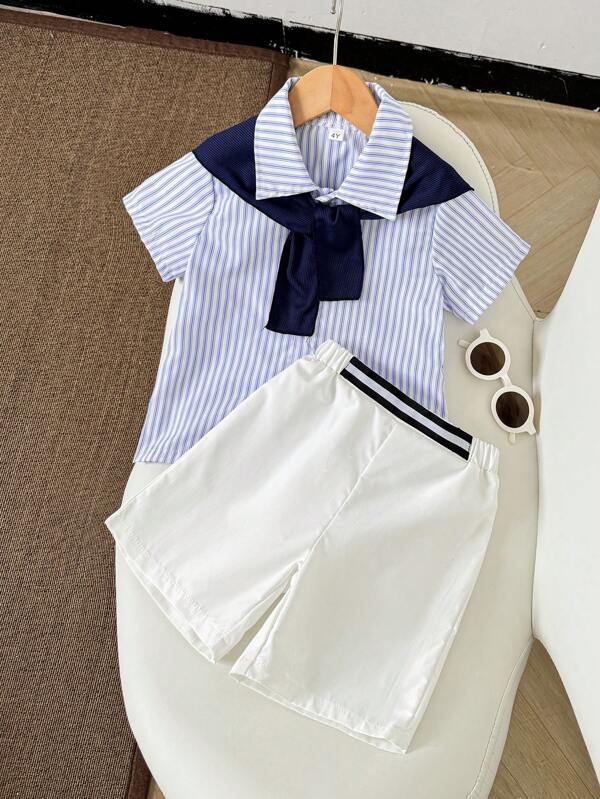 Young Boys 2 Pieces Summer Set Striped Shirt Elastic Waist Shorts 2-7Y Beach Outfit Toddler Clothes With Cape Bow Tie