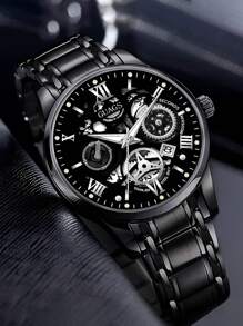 Relógio masculino de escala romana, modelo fashion, 1 peça | Pulseira de aço inoxidável e movimento de quartzo com calendário, relógio masculino de disco grande | Adequado para presentes de aniversário, presentes de formatura, presentes de Halloween