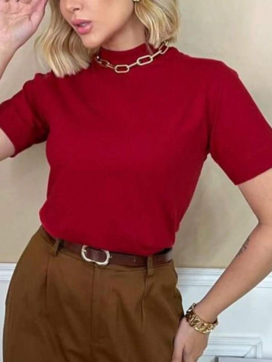 WOMEN'S T-SHIRT, HIGH NECK, SHORT SLEEVE - 紅色 - 查看 1