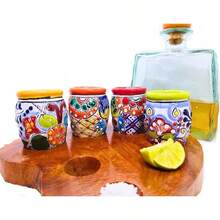 MEXTEQUIL - Vasos Tequileros de Cerámica Talavera Auténtica Mexicana, Set de 4 - Encaje Azul - Barril Filo Colores - Ver 12