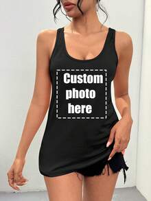 定制个性化礼物，女士T恤背心定制，可添加您自己的文字/图片（徽章图案/公司标志/全家福/自拍），设计您自己的个性化印花，背心可作为送给女朋友的礼物，情侣约会T恤，运动连帽衫等等，时尚，潮流，嬉皮，休闲，简约别致，个性化，定制，独一无二，男士服装，胶囊衣橱，男士基础/街头风格，送给他的理想礼物，男友，家人，朋友，适合度假/节日，学校/比赛，运动/攀岩，黑色夏季，健身服，复古单品 - 黑色 - 查看 1