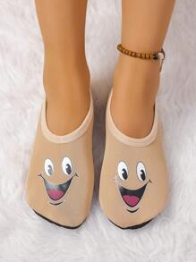 Women's Cute Face Design Indoor Slippers With Thin Thermal Lined, Breathable & High Elastic, Suitable For Home, Beach, Outdoor, Yoga