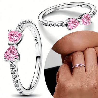 New 925 Silver Ring Zirconia Shining Pink Bow Ring Original S925 Finger Wedding Ring DIY Women Fine Jewelry Gift