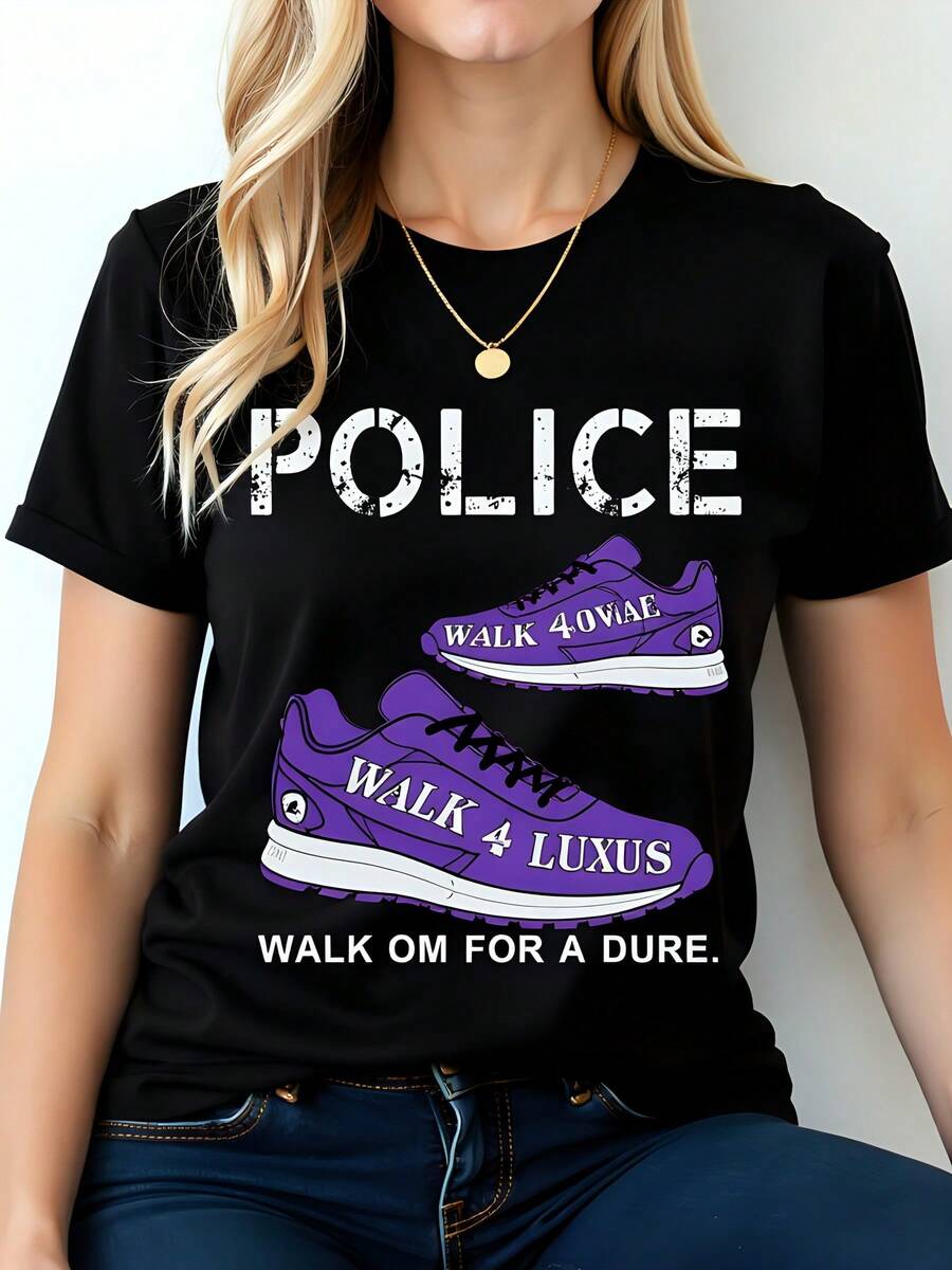Camiseta estampada de algodón negro de 180 g, cuello redondo y manga corta, para mujer, talla grande, ideal para Halloween y Acción de Gracias. - Negro - Ver 1