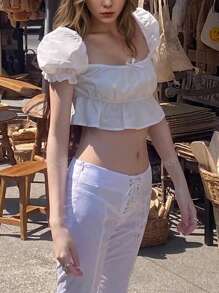 Women Solid Color Ruffle Trim Puff Sleeve Bow Cute Casual Top, Suitable For Spring, Summer, Autumn, Evening Date, Beach, Daily, Garden