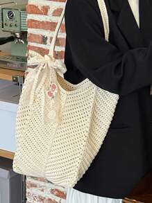 Bolso de playa de verano, bolso de mujer de malla tejida con lazo, bolso de mano con gran capacidad, bolso de compras de unicolor para vacaciones y viajes de verano. Bolso de tela de rafia tejido con lazo para mujer. Bolso de hombro grande de casual de rafia, tejido a ganchillo, bolso de compras para mujer.