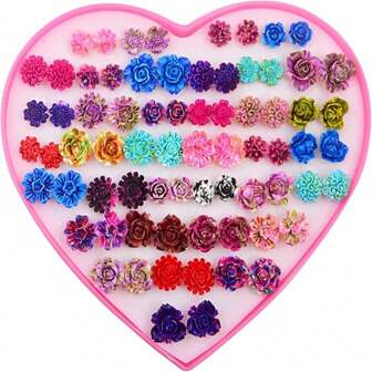 36 Pairs Of Random Color Flower Earrings Set For Women; Fashionable Holiday Accessories, Style Random.