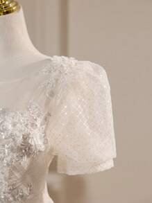 Elegant Puff Sleeve Floral Lace Princess Ball Gown Wedding Dress