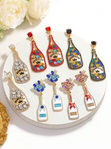 2pcs Creative Alloy Enamel Inlaid Pearl & Rhinestone Wine Bottle Earrings, Bow Tie Wine Bottle Jewelry, Suitable For Women's Daily, Costume Ball, Party, Celebration Occasions