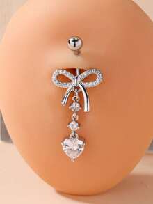 1pc Silver Color Zirconia Belly Button Ring With Bowknot Piercing Jewelry - Silver - View 1
