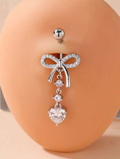 1pc Silver Color Zirconia Belly Button Ring With Bowknot Piercing Jewelry