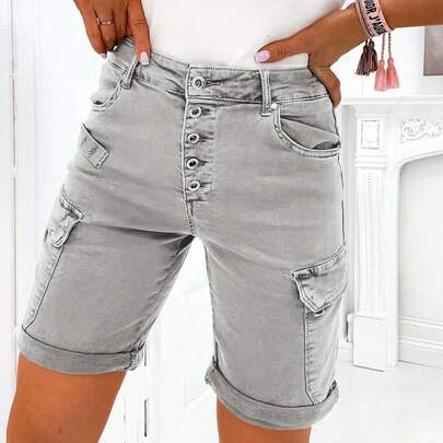 Damen Shorts farbiger Stoff Overalls Knopftaschen Alltagskleidung Sommer