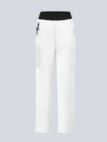 Women's Colorblock Elastic Nursing Pants, Comfortable Pants, Mid-Rise Waistband Pants, Solid Color Simple Multi-Pocket Pants