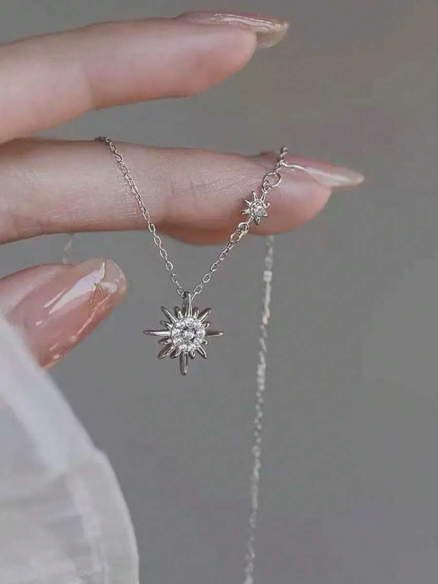 1 件简约奢华太阳、月亮、星星和花卉方晶锆石吊坠项链，适合夏季度假、订婚、周年纪念礼物 - 銀色 - 查看 1