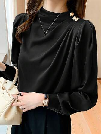 女式纯色立领纽扣设计褶饰长袖优雅衬衫