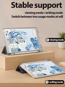 Ocean Beautiful Pattered Sword Castle Pattern Transparent Silicone Shock-Absorbing Stand With Pen Slot, Suitable For Galaxy Tab A8 10.5, S6 Lite 10.4, S7/S8/S9Inch. It Supports Sleep Awakening As A Holiday Gift
