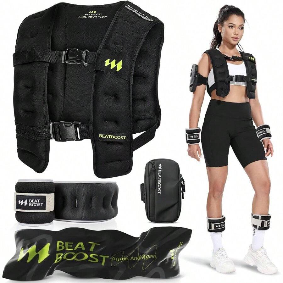 Chaleco con peso para mujeres y hombres BeatBoost de 10lb, 15lb, 20lb, 25lb, 30lb, 35lb, 40lb con arena de hierro para entrenamiento de fuerza, correr, caminar, ejercicio - Conjunto negro - Ver 1