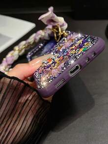 闪亮钻石蝴蝶时尚手机壳适用于三星 Z Flip 6 7 5 Z Flip 4 3 丝巾腕带保险杠保护套防水防震防摔防刮 - 紫色 - 查看 2