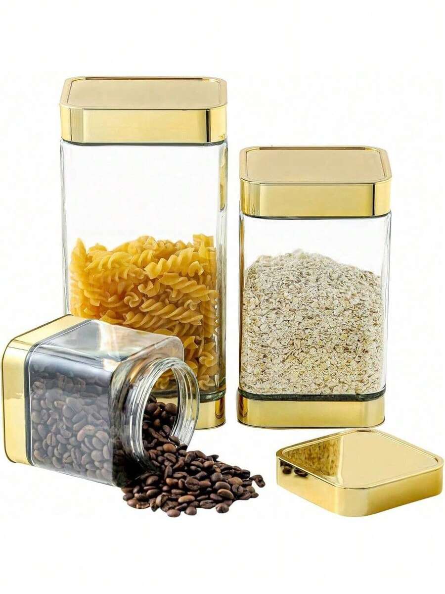 Glass Storage Jars-Large Kitchen Glass Canisters With Airtight Lids -Coffee Pasta Sugar Tea Snack Nuts Cookie Flour Food Container - Set Of 3…