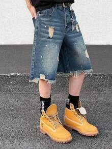 Men's Jeans Fashionable Vintage Washed Loose Fit Ripped Frayed Denim Shorts, Bermuda Shorts - Blue - View 8