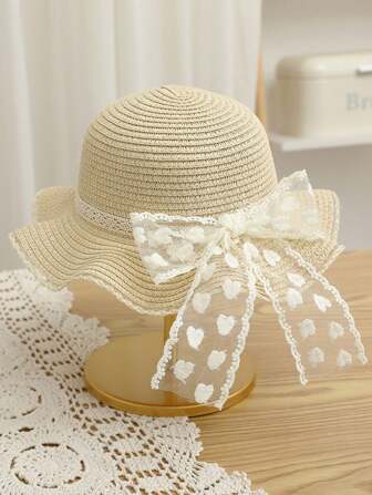 1 pièce Chapeau de paille tressé avec nœud en dentelle mignon et amour, élégant chapeau de princesse pour la plage et les sorties, protection solaire, convient pour un usage quotidien