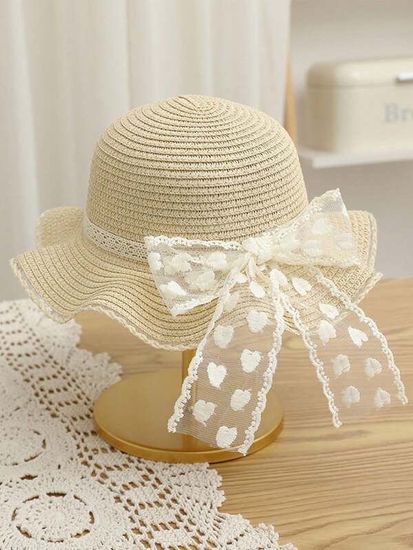 1pc Kids Cute Love Lace Bow Straw Hat, Fashionable Princess Beach Travel Sun Protection Grass Woven Hat, Suitable For Daily Outing