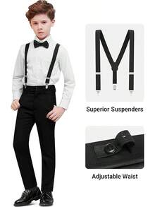 Boys Formal Suit Set - Suspenders Adjustable Waist Ring Bearer - 黑色背心 - 查看 5