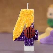 1pc Birthday Decorations Basketball Glitter Purple Gold Patchwork Sequin Basketball, 24 Number Basketball Star Fan Gift, Creative Handmade DIY Digit Birthday Candle With Holder For Cake