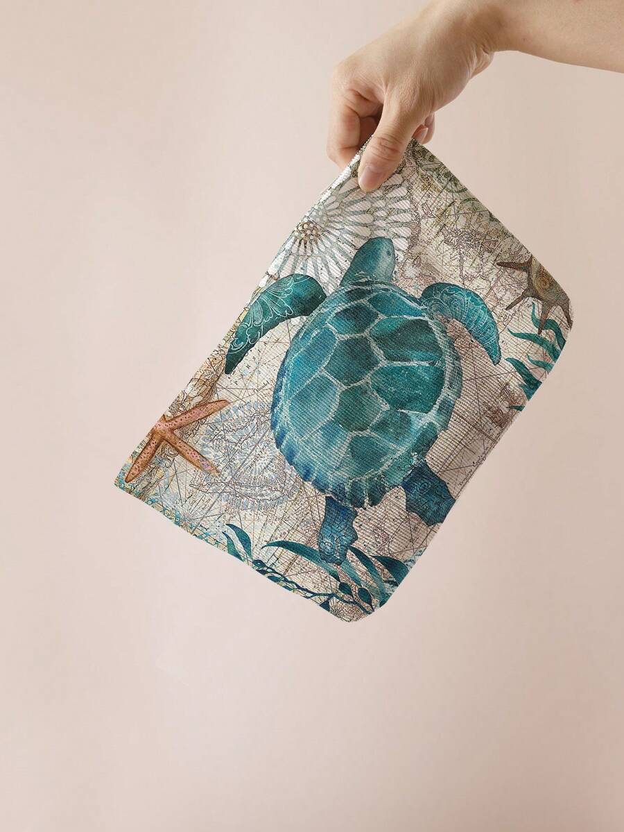 1pc Portable Turtle Pattern Double-Sided Print Corduroy Cosmetic Bag, Multifunctional Toiletry/Makeup Storage Pouch,Fall Decor,Autumn Decor,Room Decor - Multicolor - View 1