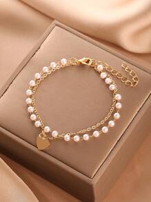 1pc Versatile Pearl Decor Double Layer Chain Pendant Bracelet For Women, Commuting, Daily, Dating