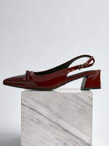 2025春夏新款女式酒红色高跟鞋，女士蝴蝶结尖头漆皮踝带包头中跟鞋，圣诞节冬季圣诞礼物