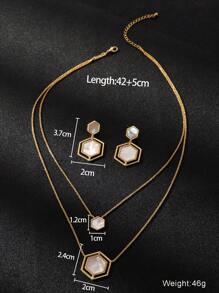 1set Elegant Hexagon Mother-Of-Pearl Necklace & Earrings Jewelry Set, Perfect For Parties And Daily Wear