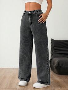 Casual Washed Denim Wide Leg Jeans For Women Long With Flakes Details Non-Stretch Fabric