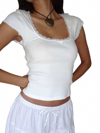 Women T-Shirt, Short Sleeve Square Neck Lace Patchwork Bow Summer Tops Streetwear