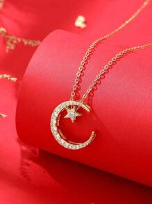 1pc 18K Gold Plated Stainless Steel Chain With Cubic Zirconia Star & Moon Pendant, Minimalist, Fashionable, Suitable For Men & Women, Casual, Street, Christmas, Halloween, Dating, And Daily Wear