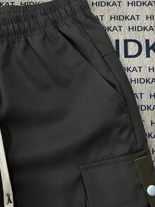 Plus Size Men's Summer Versatile Cargo Capri Pants, Drawstring Waist, Large Pockets, Letter Patch, Casual Sports Trousers Suitable For Daily Wear Black - Black - View 5